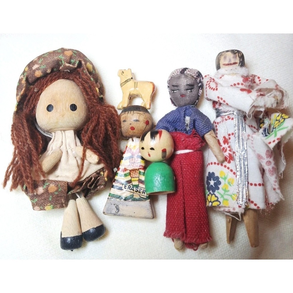 Vintage Japanese Kokeshi Doll Lot Eraser Souvenir Cloth Dolls Folk Art Wood Mini